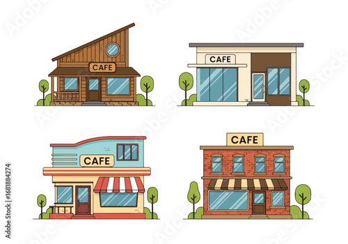 Set of flat style cafe illustrations, showcasing modern, vintage, and cozy coffeehouse designs, perfect for food, drink, restaurant, and lifestyle concepts