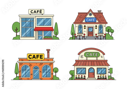 Set of flat style cafe illustrations, showcasing modern, vintage, and cozy coffeehouse designs, perfect for food, drink, restaurant, and lifestyle concepts