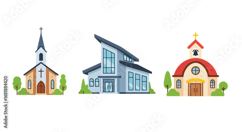 Set of flat style church illustrations, featuring classic, modern, and small chapel designs with unique architecture, perfect for religion, worship, and community concepts