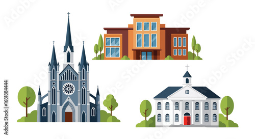 Set of flat style church illustrations, featuring classic, modern, and small chapel designs with unique architecture, perfect for religion, worship, and community concepts