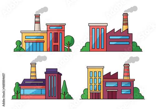 Set of flat style factory illustrations, featuring industrial buildings with chimneys and modern designs, perfect for manufacturing, production, and industry concepts