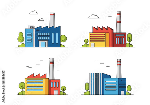 Set of flat style factory illustrations, featuring industrial buildings with chimneys and modern designs, perfect for manufacturing, production, and industry concepts