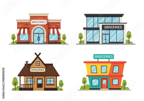 Set of flat style grocery store illustrations, showcasing different shop designs from modern markets to traditional stores, perfect for retail, shopping, and food-related concepts