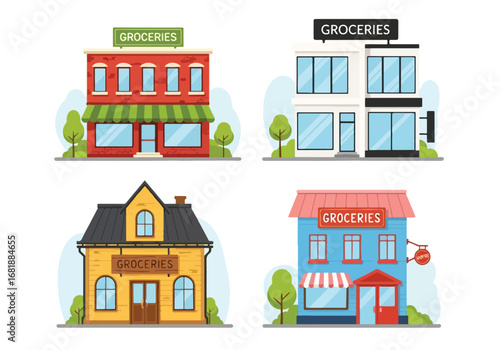 Set of flat style grocery store illustrations, showcasing different shop designs from modern markets to traditional stores, perfect for retail, shopping, and food-related concepts