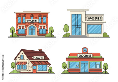 Set of flat style grocery store illustrations, showcasing different shop designs from modern markets to traditional stores, perfect for retail, shopping, and food-related concepts