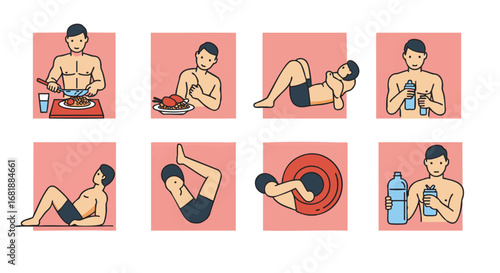 Set of flat line icons depicting a man's healthy lifestyle with fitness exercises, nutritious meals, and hydration