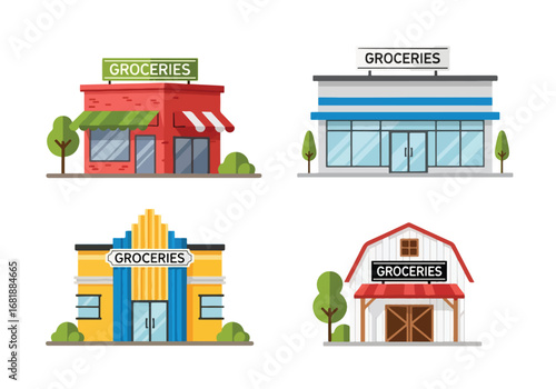 Set of flat style grocery store illustrations, showcasing different shop designs from modern markets to traditional stores, perfect for retail, shopping, and food-related concepts