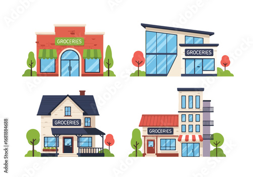 Set of flat style grocery store illustrations, showcasing different shop designs from modern markets to traditional stores, perfect for retail, shopping, and food-related concepts
