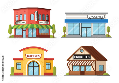 Set of flat style grocery store illustrations, showcasing different shop designs from modern markets to traditional stores, perfect for retail, shopping, and food-related concepts