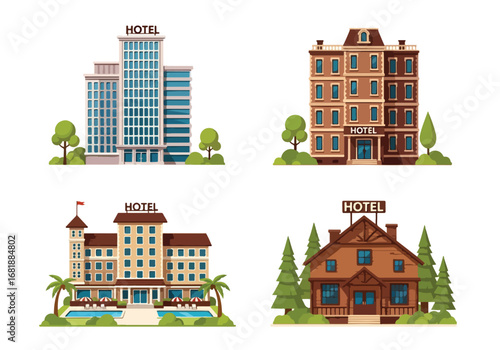 Set of flat style hotel building illustrations, featuring modern, classic, and boutique designs with unique architectural styles, perfect for travel, tourism, and hospitality concepts