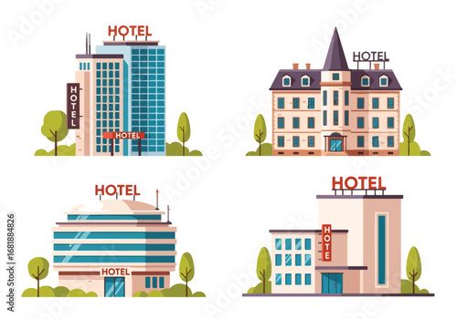 Set of flat style hotel building illustrations, featuring modern, classic, and boutique designs with unique architectural styles, perfect for travel, tourism, and hospitality concepts