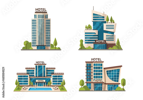 Set of flat style hotel building illustrations, featuring modern, classic, and boutique designs with unique architectural styles, perfect for travel, tourism, and hospitality concepts