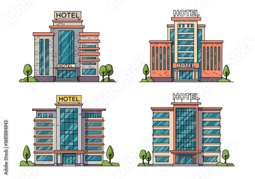 Set of flat style hotel building illustrations, featuring modern, classic, and boutique designs with unique architectural styles, perfect for travel, tourism, and hospitality concepts