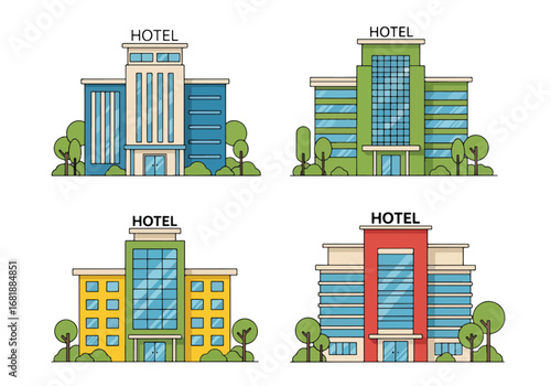 Set of flat style hotel building illustrations, featuring modern, classic, and boutique designs with unique architectural styles, perfect for travel, tourism, and hospitality concepts