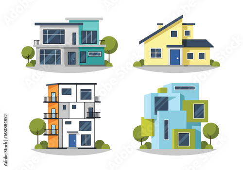 Set of flat style house illustrations, featuring modern, contemporary, and classic residential architecture designs with large windows, clean facades, and stylish exteriors