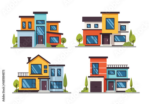 Set of flat style house illustrations, featuring modern, contemporary, and classic residential architecture designs with large windows, clean facades, and stylish exteriors