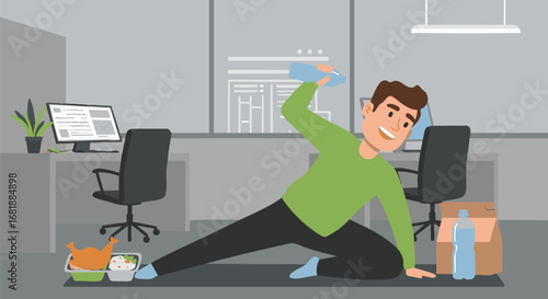 A cheerful office worker takes a wellness break, doing stretching exercises on a mat beside his desk for a healthy work-life balance