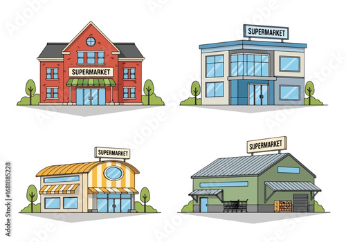 Set of flat style supermarket building illustrations, showcasing different store designs and architectures for shopping centers, retail markets, and grocery stores