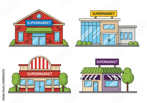 Set of flat style supermarket building illustrations, showcasing different store designs and architectures for shopping centers, retail markets, and grocery stores