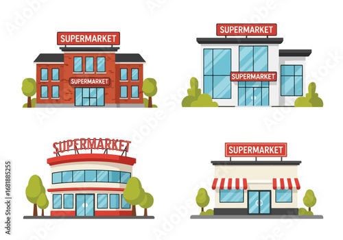 Set of flat style supermarket building illustrations, showcasing different store designs and architectures for shopping centers, retail markets, and grocery stores