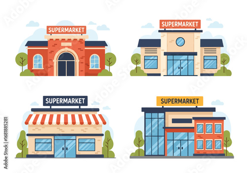 Set of flat style supermarket building illustrations, showcasing different store designs and architectures for shopping centers, retail markets, and grocery stores