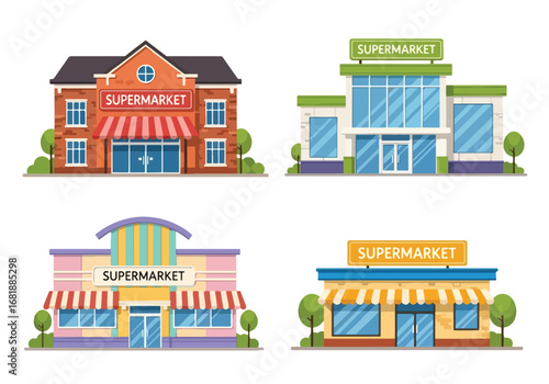 Set of flat style supermarket building illustrations, showcasing different store designs and architectures for shopping centers, retail markets, and grocery stores