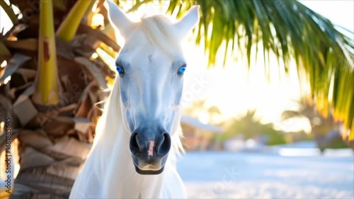 White horse tropical beach scene