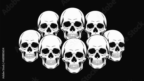 A striking collection of white human skulls creates a bold, graphic statement against a stark black background.
