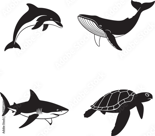 Black and white ocean creature silhouette vector illustration with dolphin whale shark and sea turtle design
