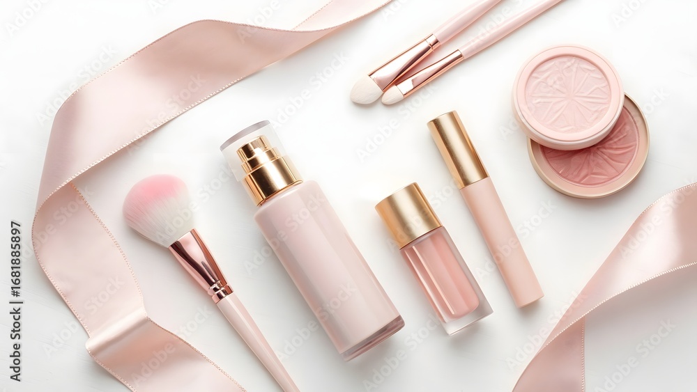 Obraz premium Elegant pink makeup products and ribbon arrangement