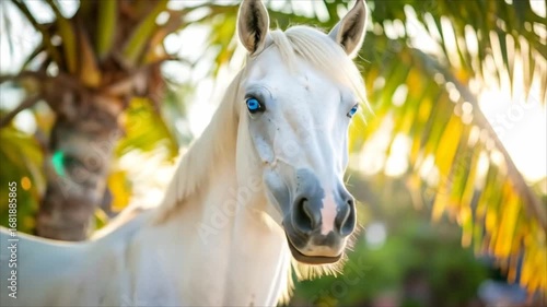 White horse with blue eyes in sunlight