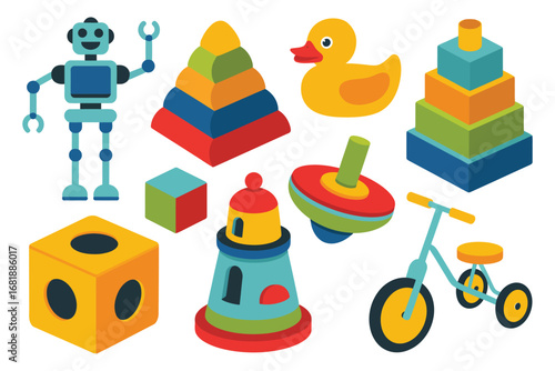 Children’s Toys Vector Set, Flat Illustration of Robots, Stackers, Rubber Duck, Dice, Lighthouse Toy, Tricycle, Colorful Playthings, Kids Toy Icons, Minimalist Design