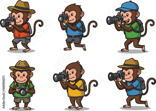 Cartoon monkeys using cameras, jungle explorers taking photos, cute animal photographers with hats, fun vector illustration for photography themes.