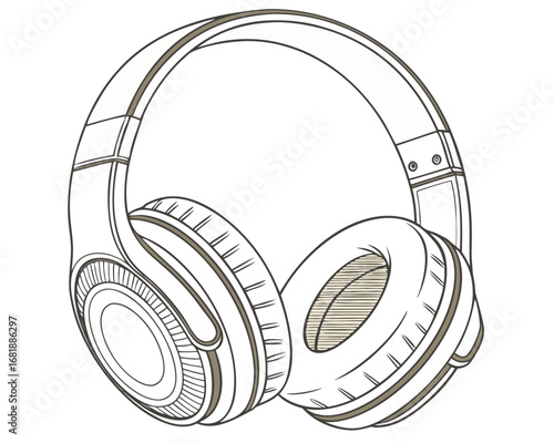  wireless over-ear headphones line art sketch with adjustable headband illustration isolated on white background.