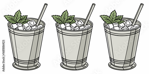 a trio of classic mint julep cocktails in metal cups isolated on white background.