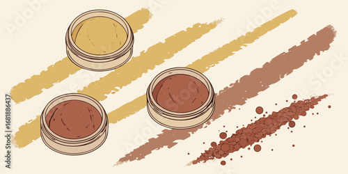 neutral brown eyeshadow palette compacts with makeup brushes and powder swatches cosmetic illustration design.