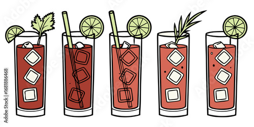 a line-up of bloody mary cocktails with various garnishes isolated on white background.
