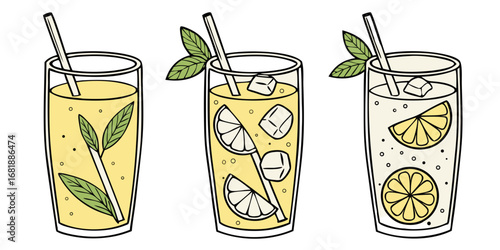 a trio of refreshing lemonade drinks with mint and citrus slices isolated on white background.