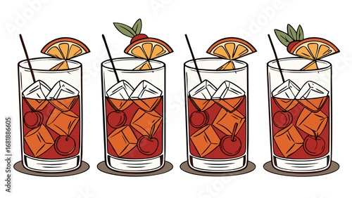 four cocktail glasses with orange garnish and herbs - mixed drinks bar illustration design.