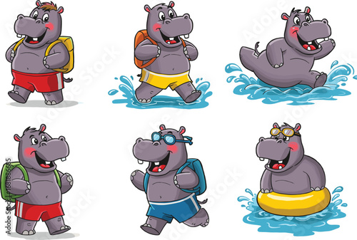 Happy cartoon hippos with backpacks and swimwear playing in water, splashing, swimming, and having fun summer vacation, cute animal characters.
