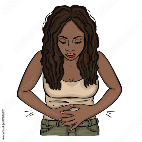 Vector Illustration of a woman holding her stomach in pain. Concept for abdominal cramps, stomach ache, digestive issues, menstruation pain, or health discomfort. Useful for medical, wellness.