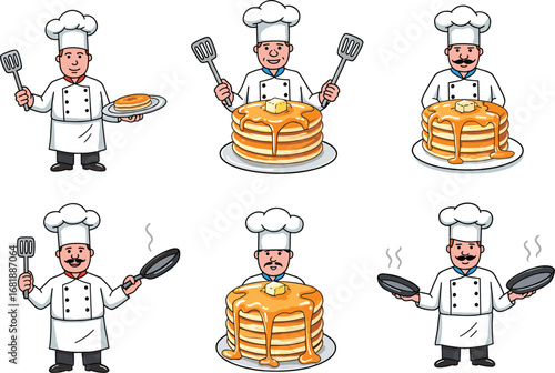 Cartoon chefs cooking pancakes, syrup dripping stacks, breakfast food illustration, happy male cooks with frying pans, delicious morning meal concept