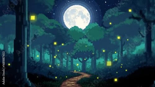 Mystical pixel art forest path bathed in moonlight with glowing fireflies, inspiring wonder and adventure.
