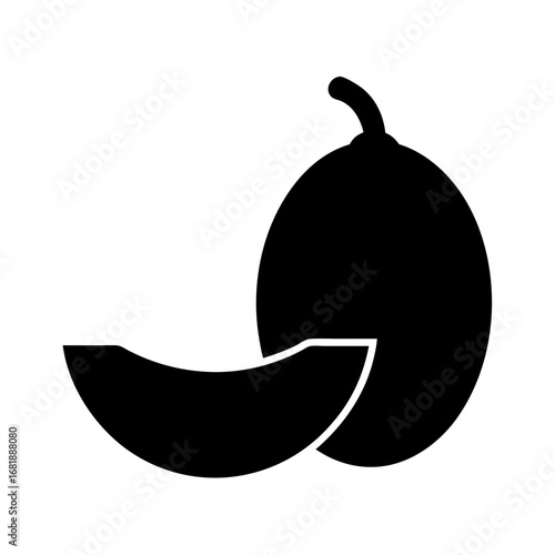 Silhouette image of a ripe cantaloupe melon with a slice beside it