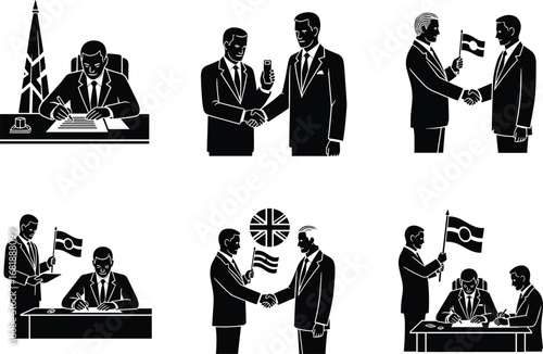 Businessmen signing agreement, international handshake, flag holding, diplomatic meeting, official contract signing, partnership deal, business negotiation, formal collaboration, 