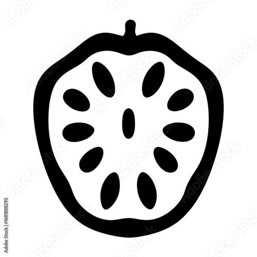 Black and white cross section of fruit revealing seeds and fleshy interior