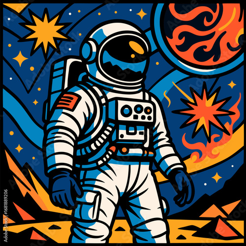 Astronaut in bright suit among stars and planets, dramatic cosmic adventure in deep space