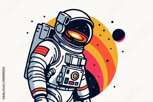 Astronaut floating with a rainbow planet and cosmic splash