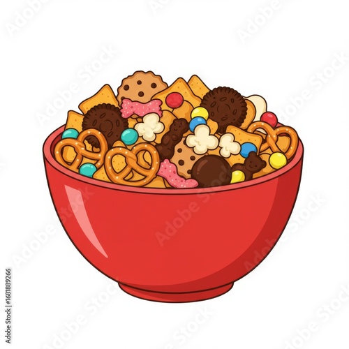 Colorful Snack Mix in Red Bowl