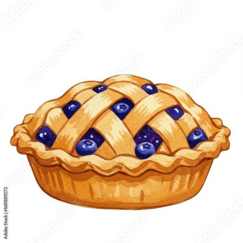 Blueberry Pie with Lattice Crust Watercolor Illustration